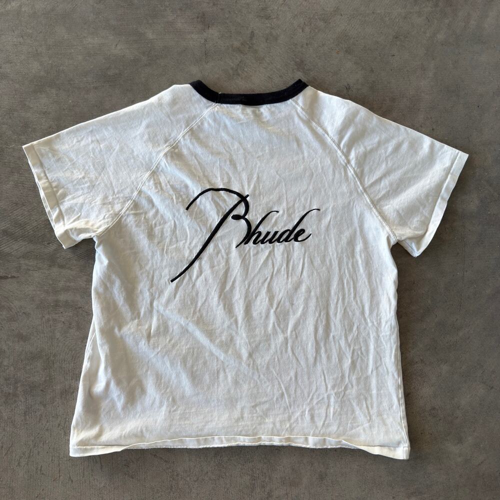 Rhude Logo Tee Cream Black Ringer Embroidered Script Front Back Small - Picture 3 of 5